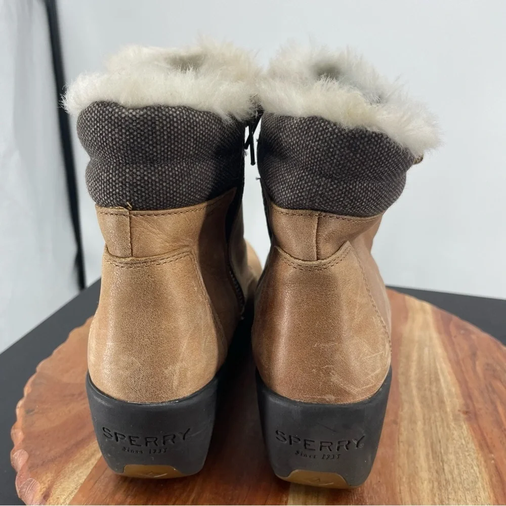 Sperry Luca Peak Tan brown suede leather fur lined wedge hiking‎ boot Sz 10